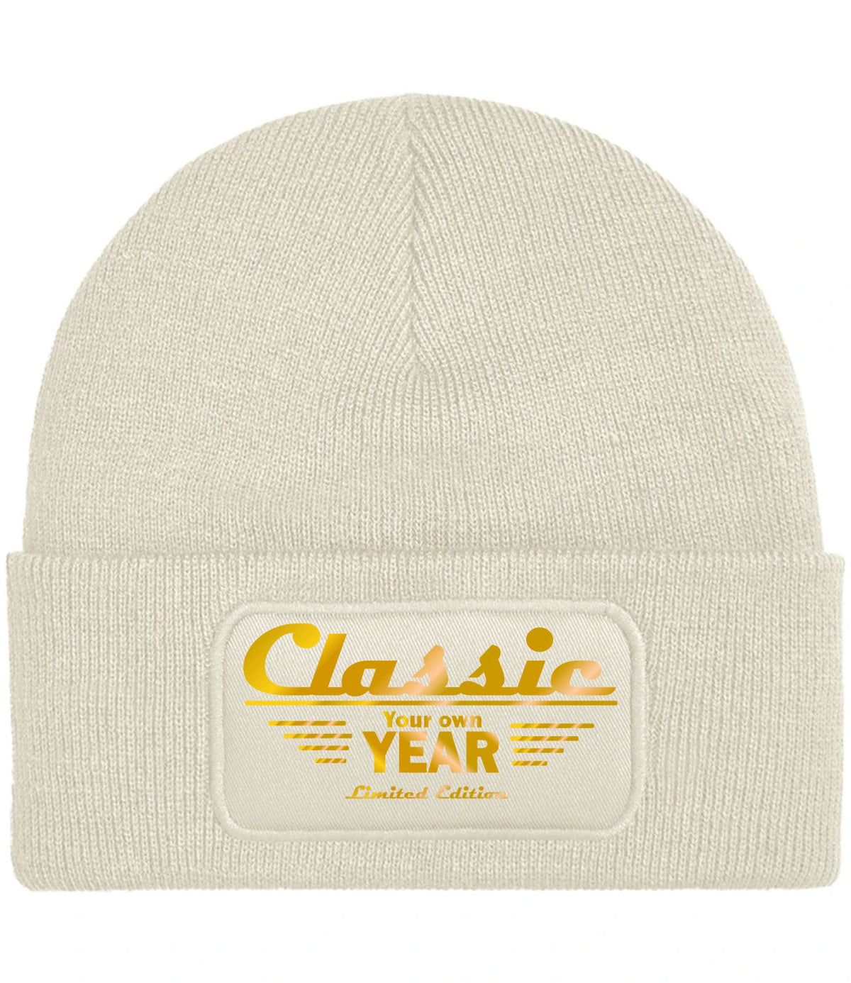 A customizableo atmeal ribbed knit beanie hat featuring a rectangular embroidered patch on the front cuff with the text 'Classic Your own YEAR Limited Edition' in gold.