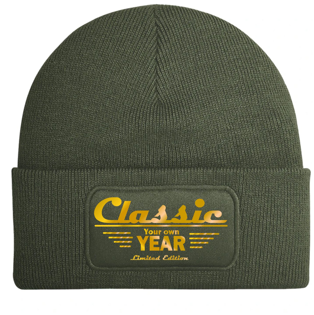 A customizable olive ribbed knit beanie hat featuring a rectangular embroidered patch on the front cuff with the text 'Classic Your own YEAR Limited Edition' in gold.