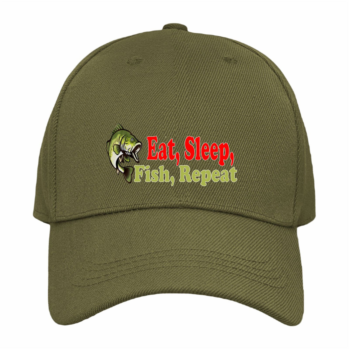 An olive green baseball cap featuring a front embroidered graphic of a fish and the text 'Eat, Sleep, Fish, Repeat' in red and yellow-green lettering, shown against a plain white background.