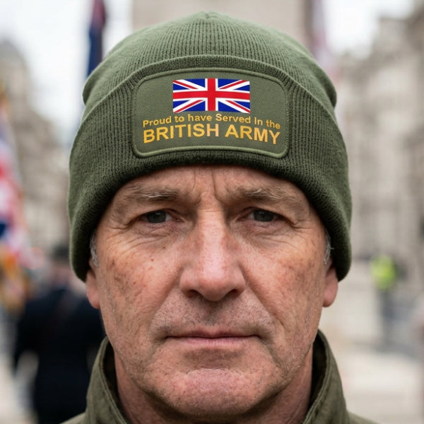 Olive beanie hat with a union jack image and gold text 'Proud to have served in the British Army