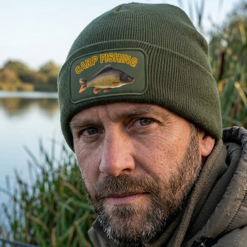 An Olive green ribbed knit beanie hat featuring a rectangular printed patch on the front cuff with the words 'CARP FISHING' in yellow and an illustration of a carp fish.
