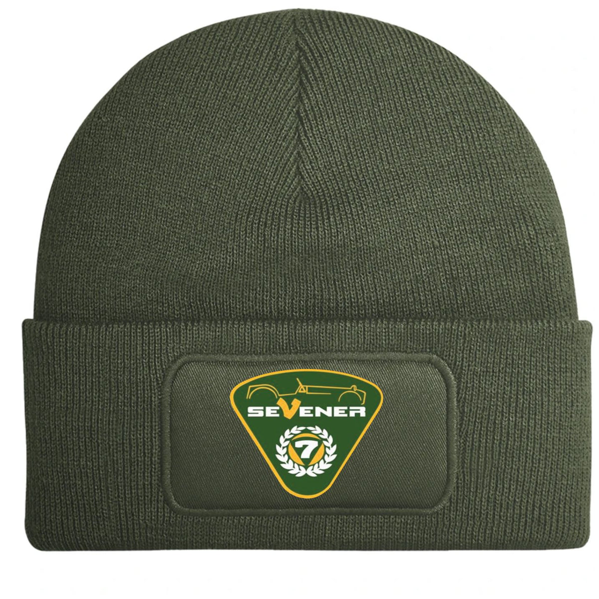 An olive green ribbed knit beanie hat featuring a rectangular patch on the front cuff with a green and yellow shield emblem containing the text 'SEVENER' and a number 7.