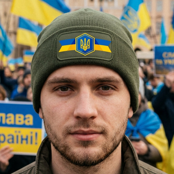 An olive green ribbed knit beanie with a folded cuff, featuring a rectangular patch on the front with a blue and yellow Ukrainian flag design and a central gold trident emblem.