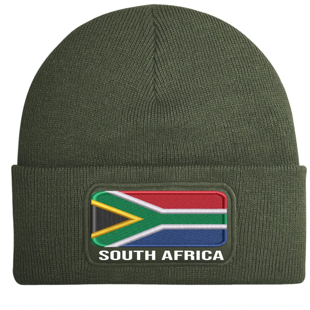 An olive green knit beanie hat featuring a South African flag patch on the front cuff with the text 'SOUTH AFRICA' underneath.