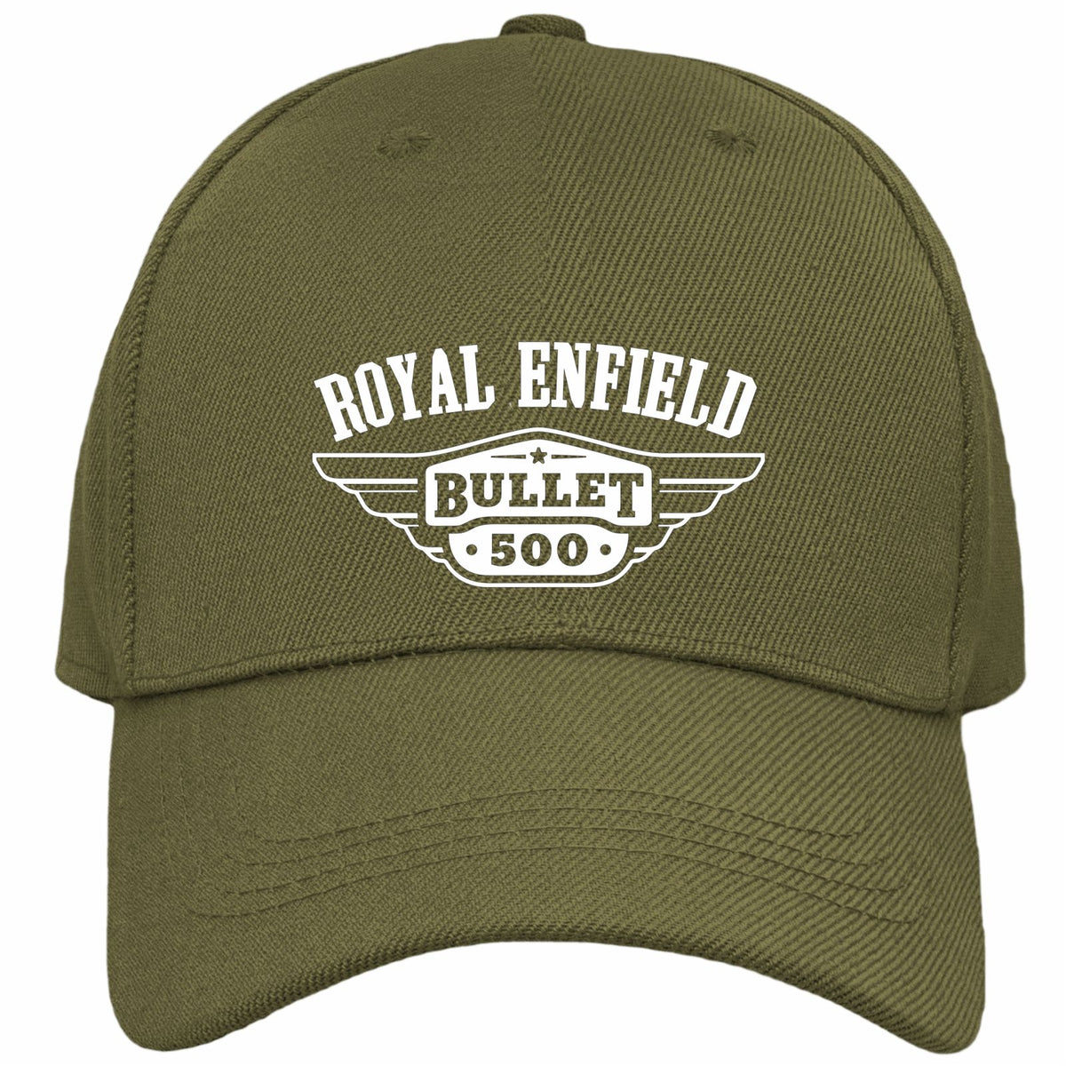 An olive green baseball cap with a white printed logo on the front that reads 'ROYAL ENFIELD BULLET 500'.