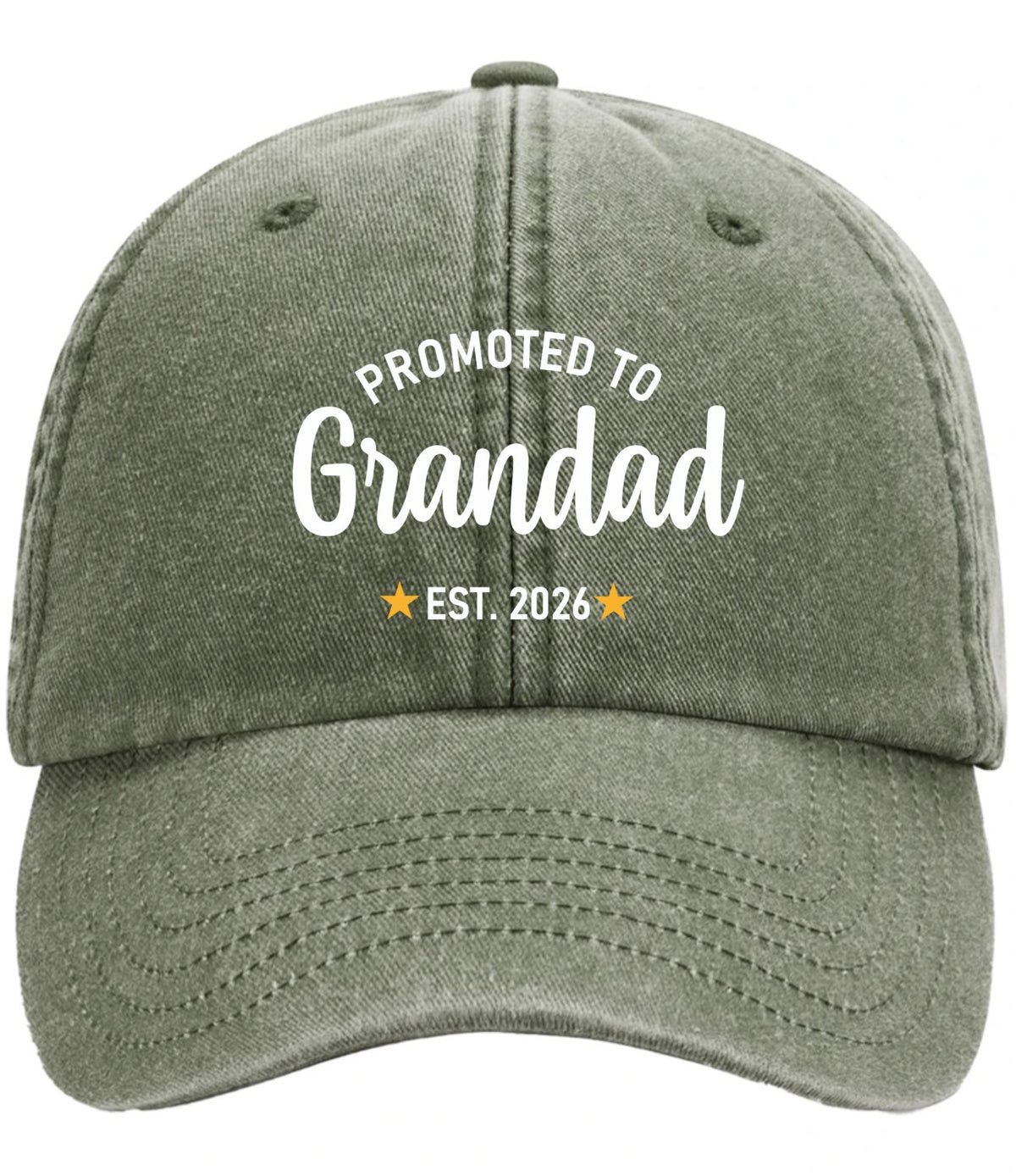 Vintage Baseball Cap in olive with the text 'Promoted to Grandad 2026'
