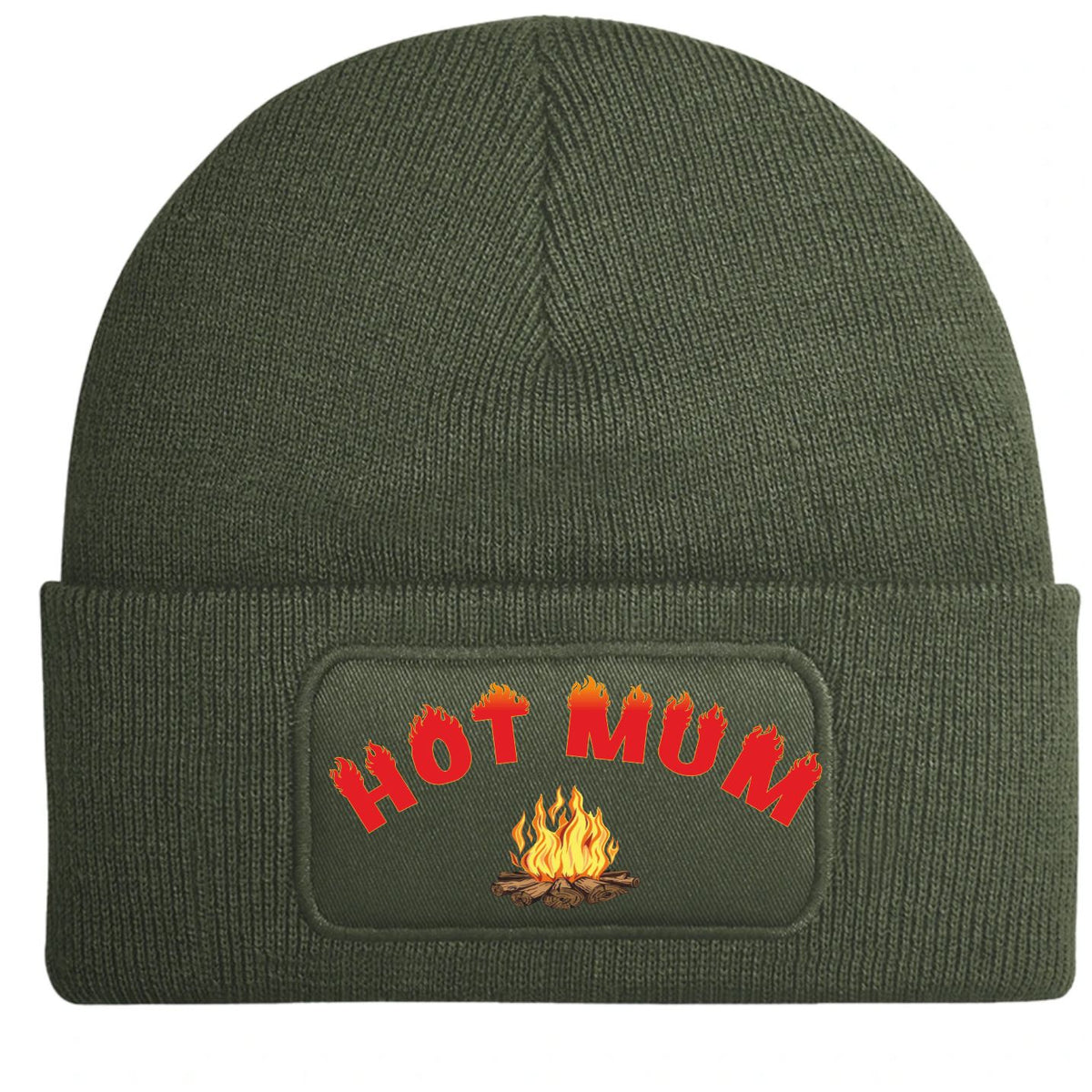 An olive green ribbed knit beanie with a folded cuff featuring an printed patch that reads 'HOT MUM' in red letters above a small yellow and orange campfire graphic.