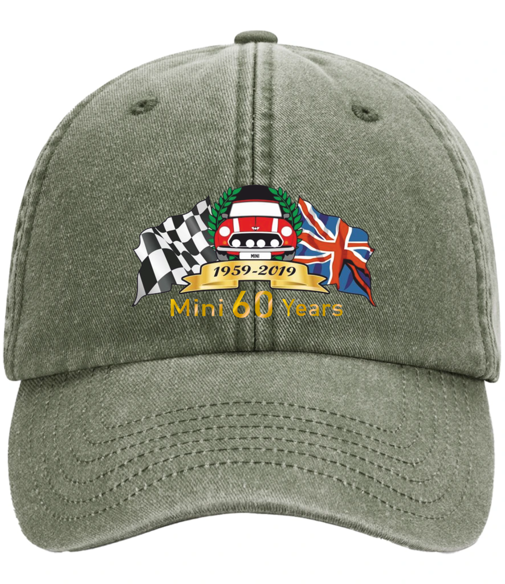 An olive green baseball cap featuring a front embroidered graphic with a Mini car, checkered flag, Union Jack flag, and the text '1959-2019 Mini 60 Years'.