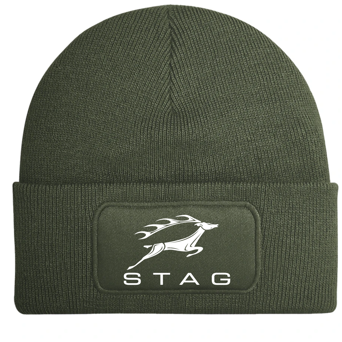 An olive green ribbed knit beanie hat featuring a white printed Stag logo and text on a rectangular patch on the front cuff, set against a plain white background.