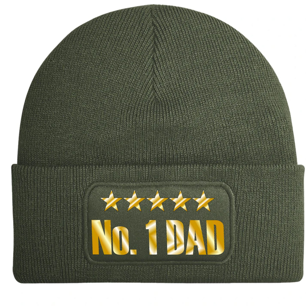An olive green ribbed knit beanie hat featuring a front patch with five gold stars and the text 'No. 1 DAD' in gold lettering, shown against a plain white background.