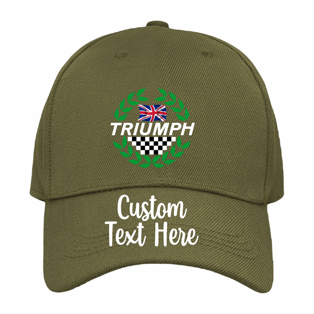 An olive green baseball cap with a custom design on the front. The design features a green laurel wreath, a checkered flag, a Union Jack, and the word 'TRIUMPH' in white.