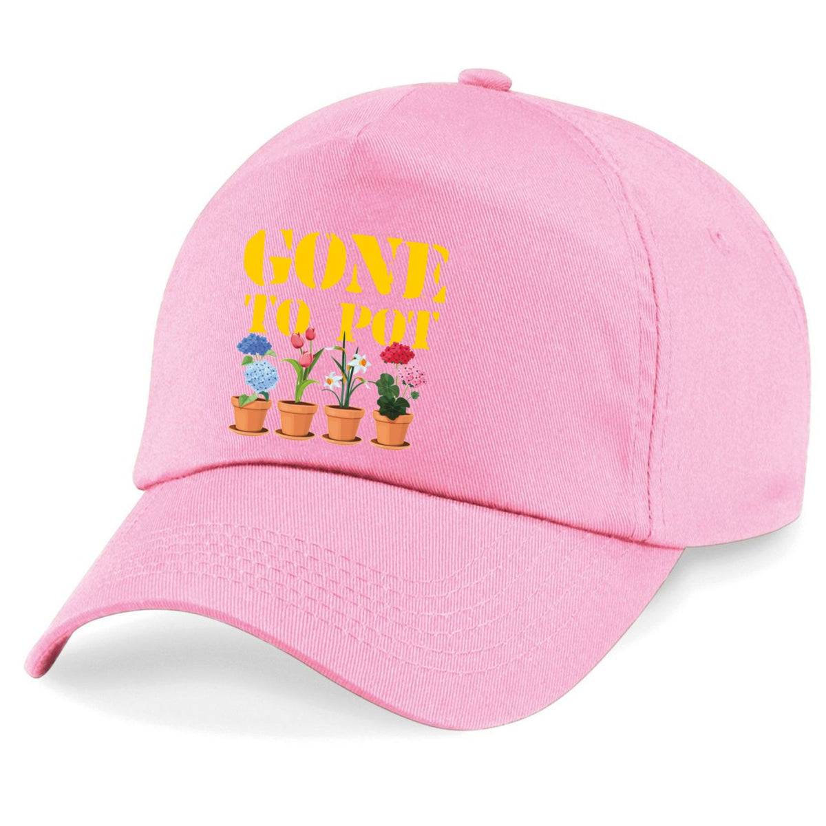 A pink baseball cap with a curved brim, featuring a graphic on the front that reads 'GONE TO POT' in yellow text above four small potted colorful flowers.