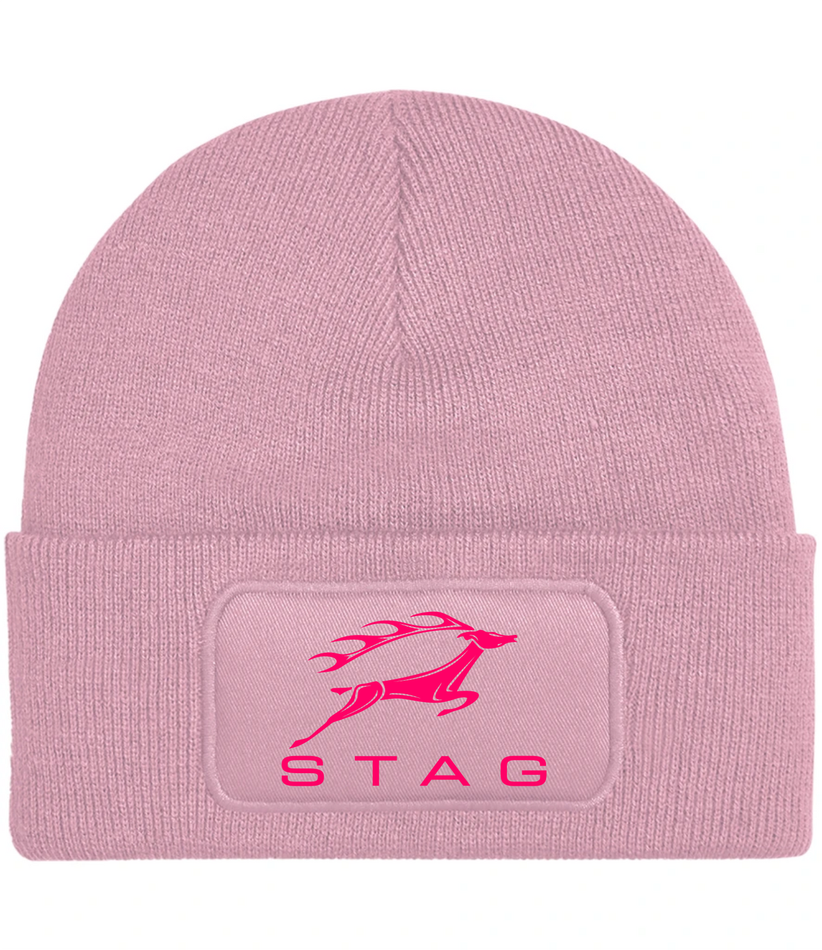 Adusty pink ribbed knit beanie hat with a folded cuff, featuring a black rectangular patch on the front with a red stag logo and the word 'STAG'.
