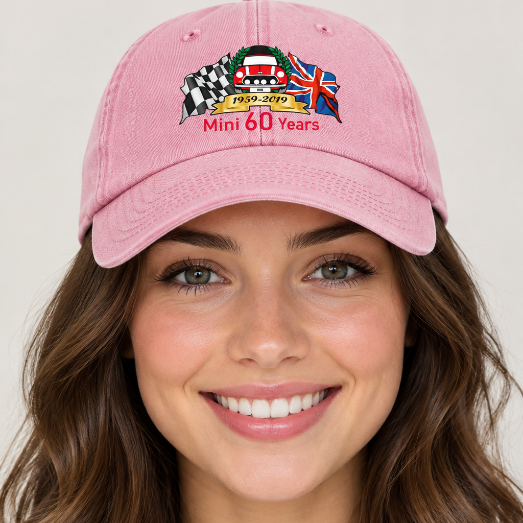 Pink cap with Mini Cooper logo and text on a white background