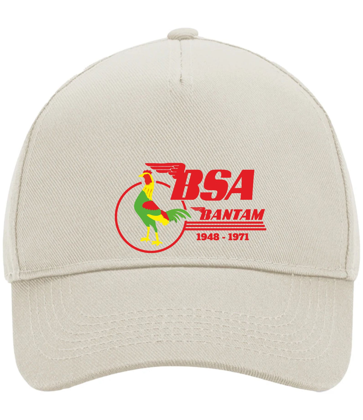 A light beige baseball cap featuring a red, green, and yellow embroidered BSA Quiltam logo on the front, set against a plain white background.