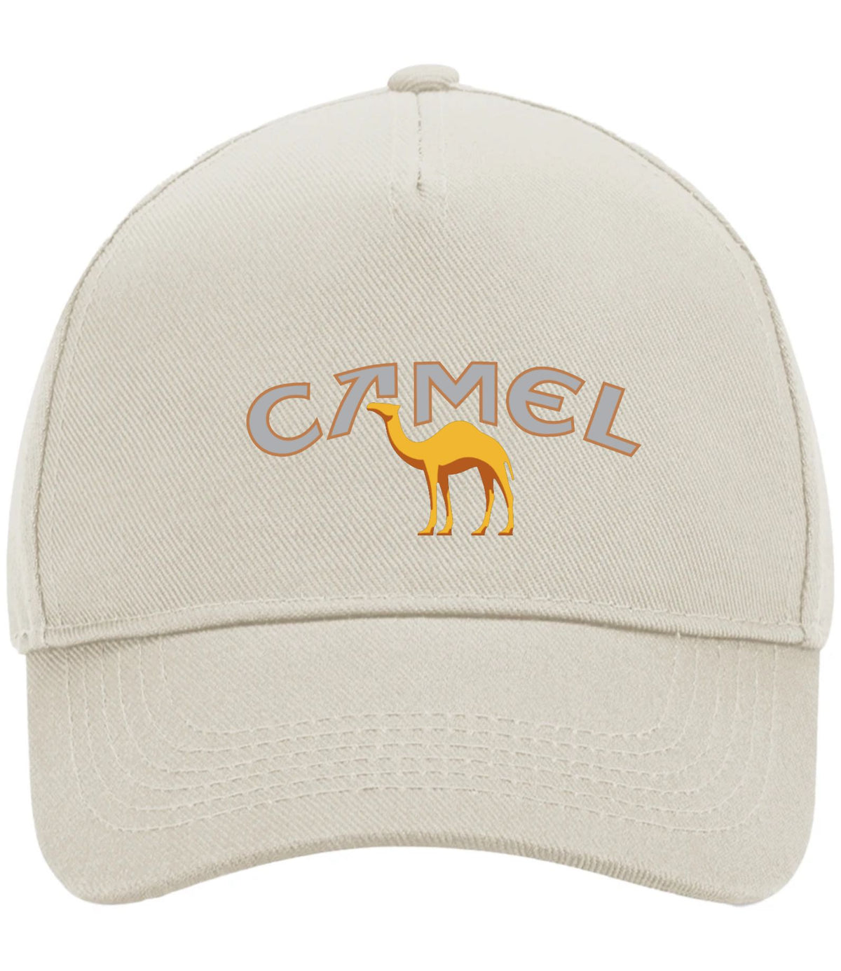 An off-white baseball cap featuring an embroidered design on the front with the word 'CAMEL' in gray outlined letters and a yellow camel silhouette.