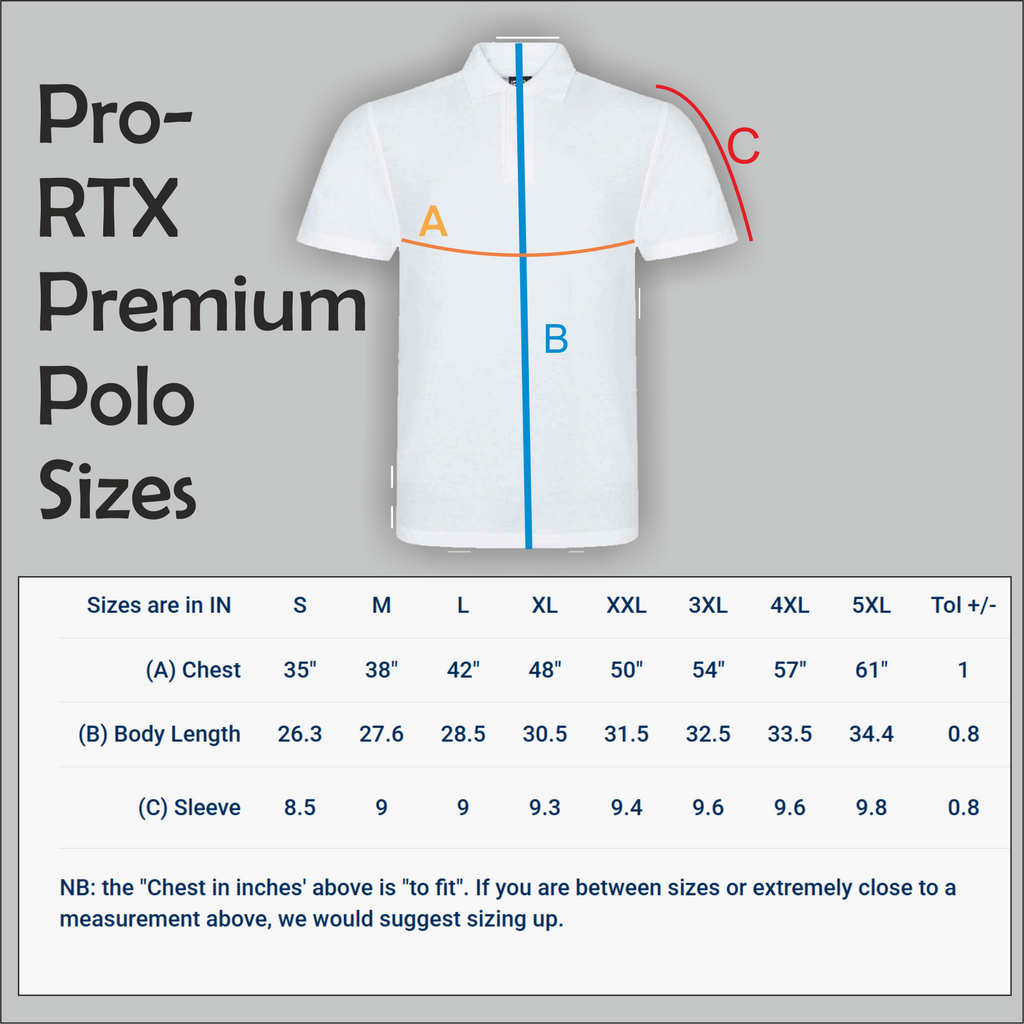 White polo shirt with measurement chart on a gray background