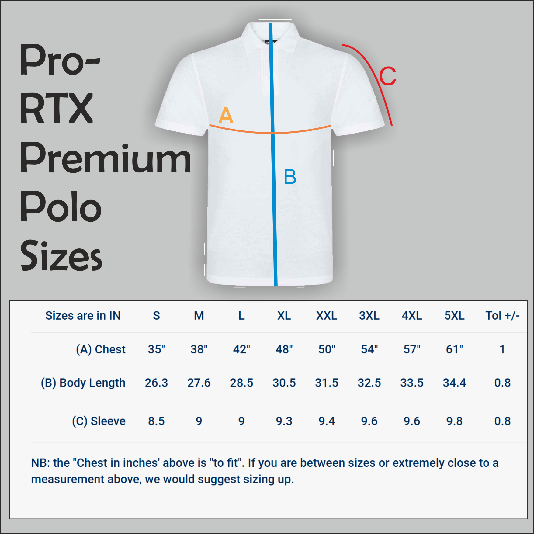 White polo shirt with measurement chart on a gray background