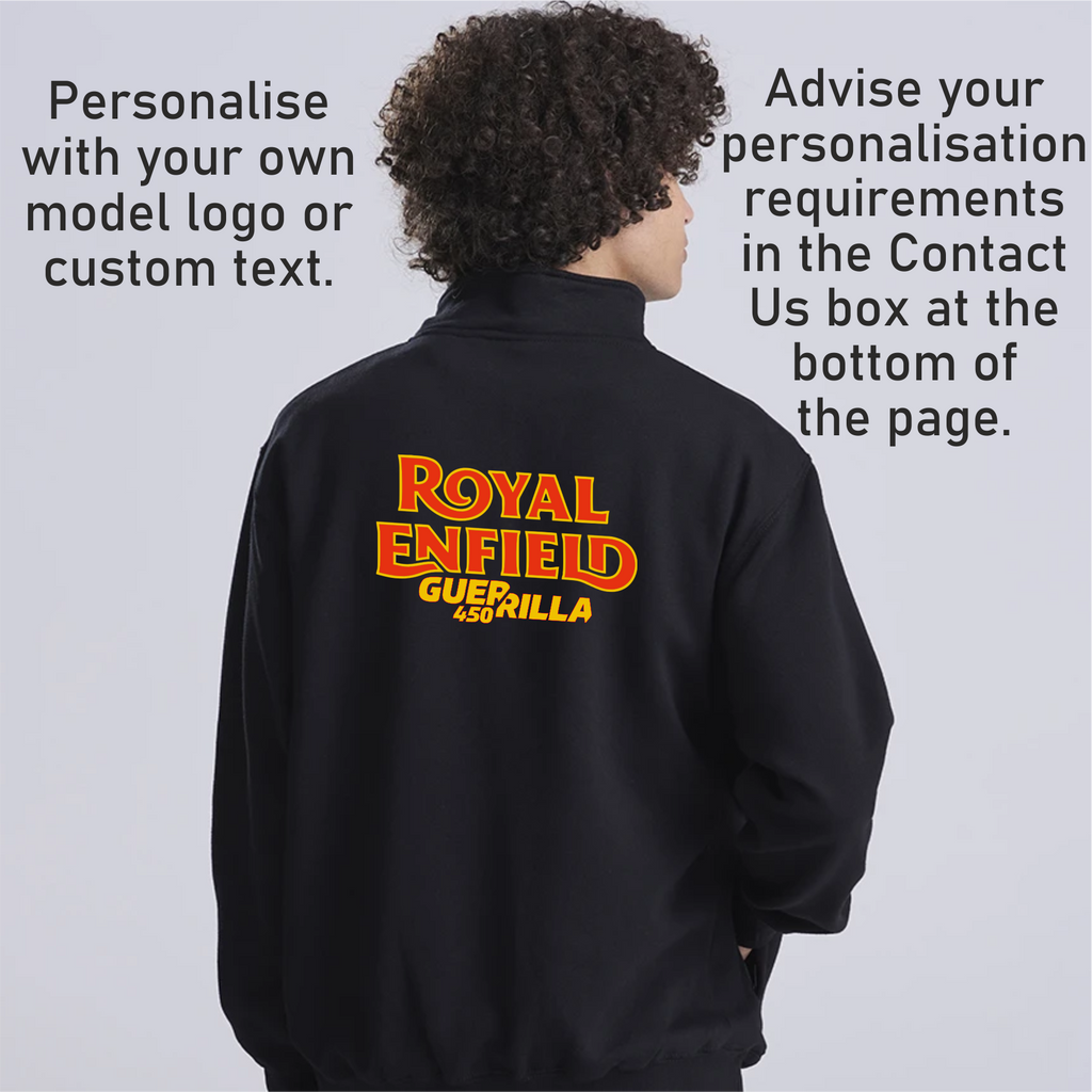 Person wearing a black jacket with 'Royal Enfield' and 'Guerilla' text on the back, against a light gray background.