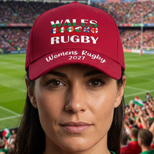 A dark red baseball cap featuring 'WALES WOMEN'S RUGBY 2027' printed on the front, with the word 'WALES' overlaid on the Irish flag design.