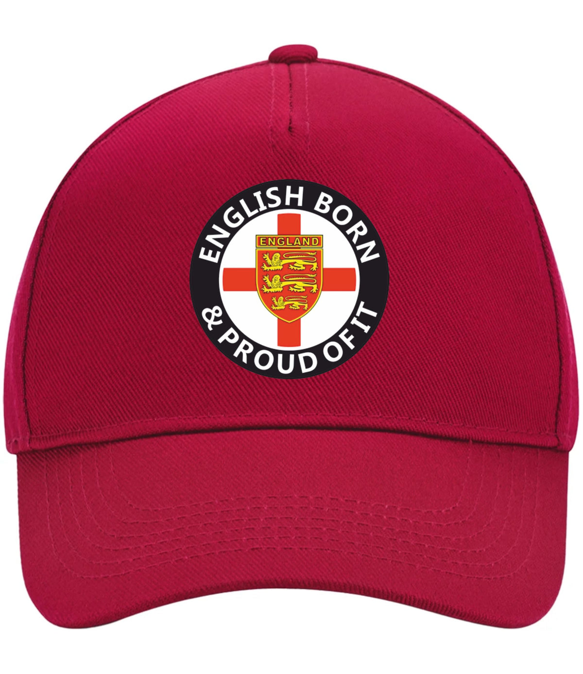 A red baseball cap featuring a circular embroidered crest on the front with the text 'ENGLISH BORN & PROUD OF IT' around the England lion and cross design.
