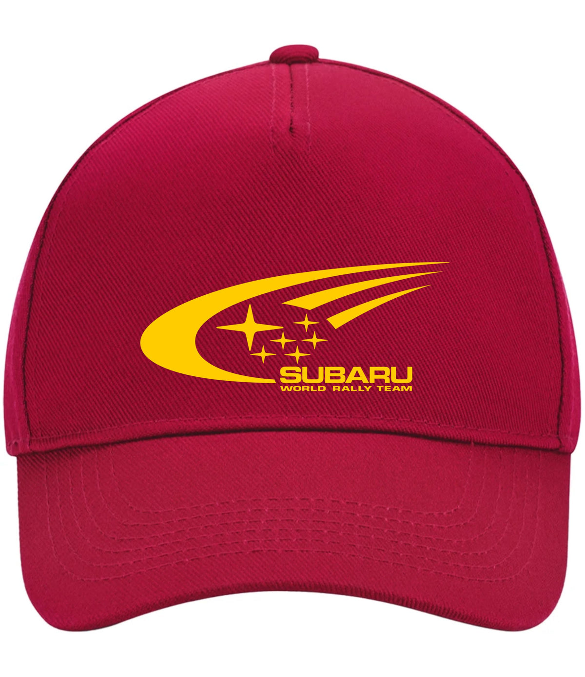 A maroon baseball cap featuring a yellow printed Subaru World Rally Team logo on the front, set against a plain white background.