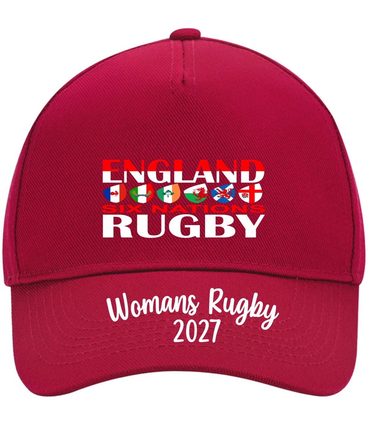 A red baseball cap featuring 'ENGLAND WOMEN'S RUGBY 2027' printed on the front, with small international rugby team flags in the center and white text on the brim.