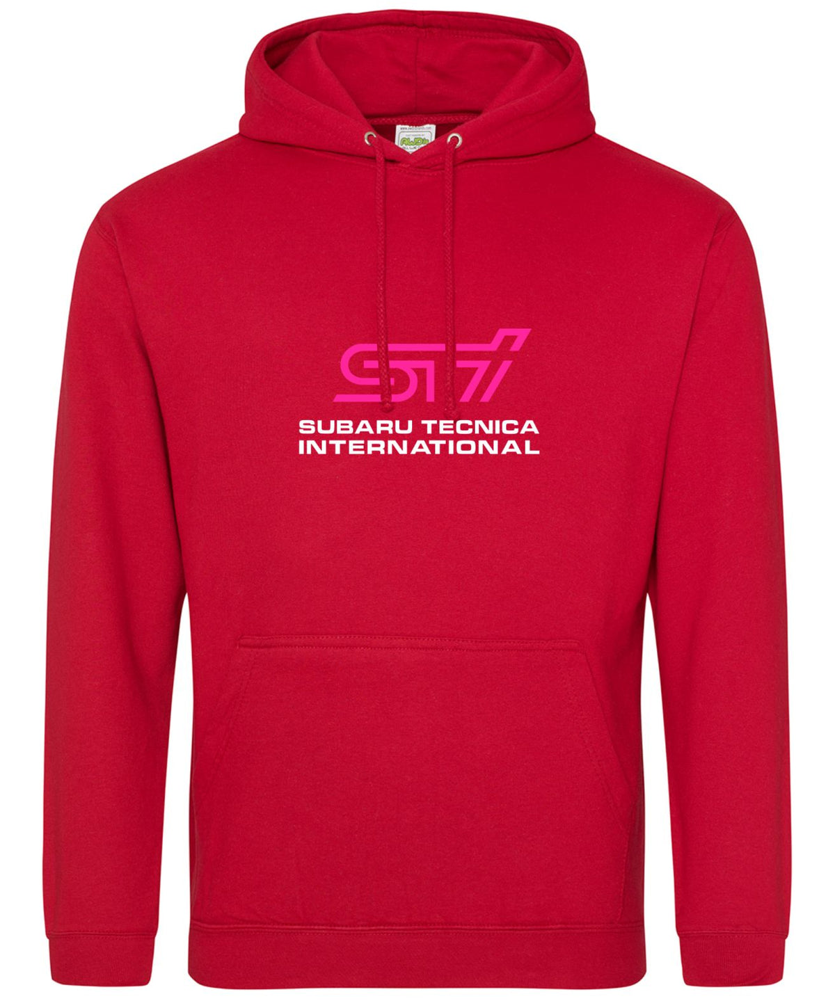A red pullover hoodie featuring a pink and white SUBARU TECNICA INTERNATIONAL text printed on the chest, displayed against a solid white background.