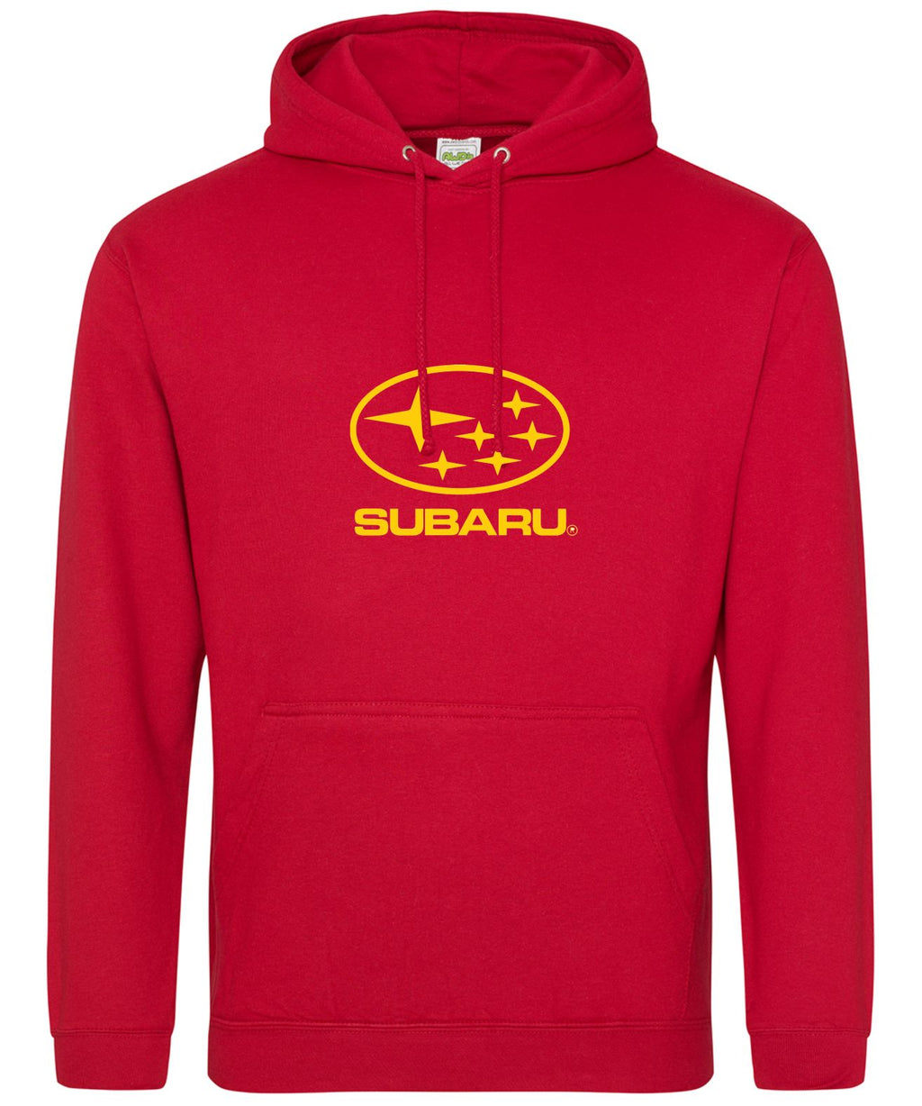 A red pullover hoodie featuring the yellow Subaru logo and wordmark printed on the center chest, displayed against a solid white background.