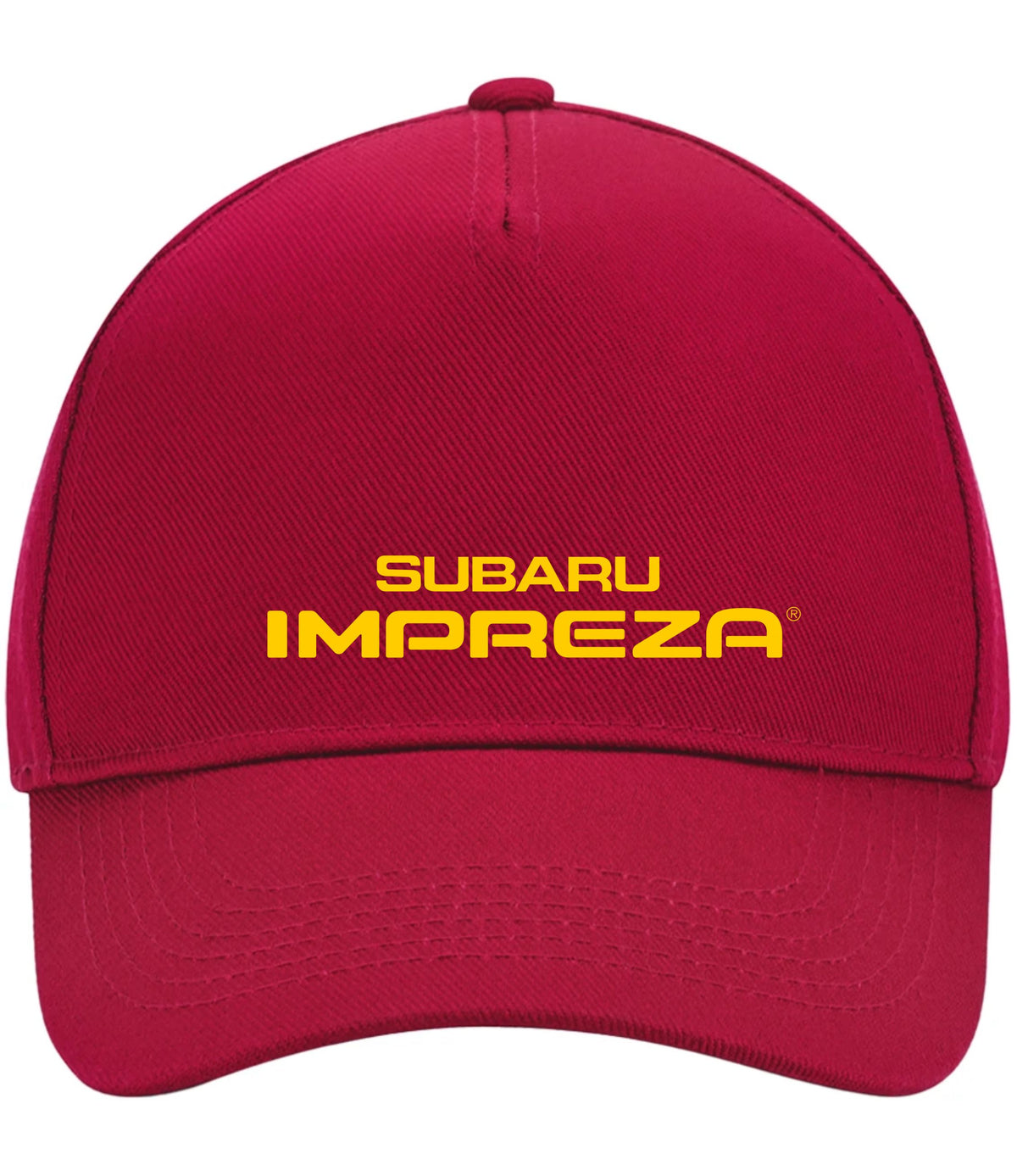 A red baseball cap with 'SUBARU IMPREZA' embroidered in yellow on the front, shown against a plain white background.