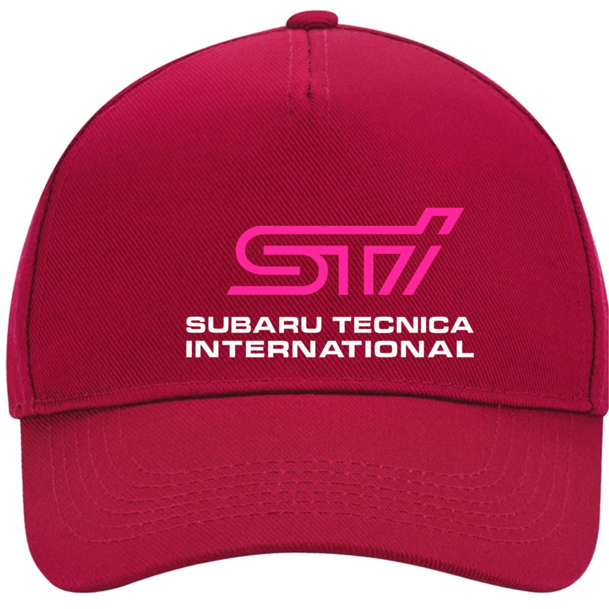 A structured baseball cap in a deep magenta color, featuring a pink and white printed logo and text on the front reading 'STI' and 'SUBARU TECNICA INTERNATIONAL'