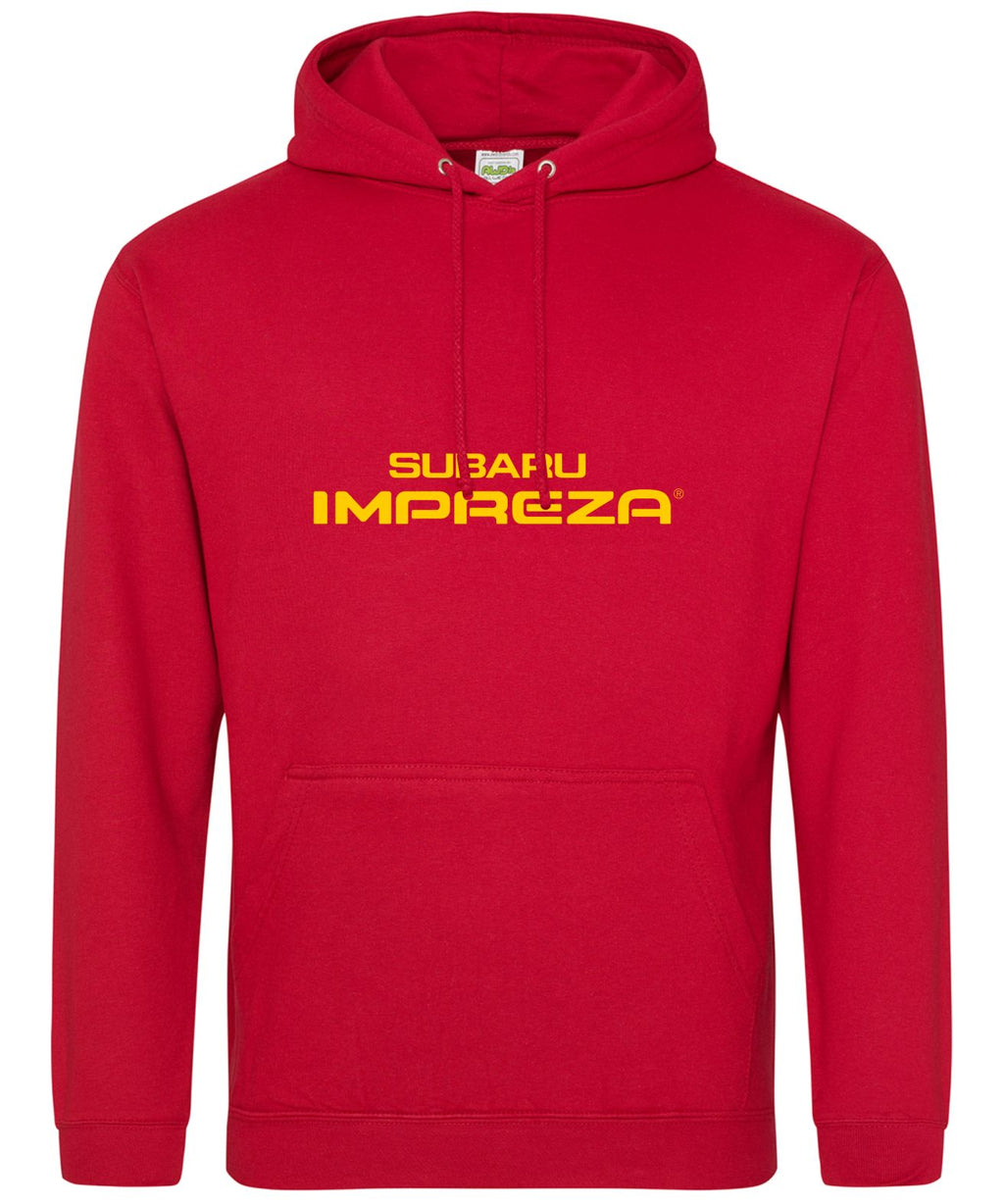 A red pullover hoodie with 'SUBARU IMPREZA' printed in yellow across the chest, displayed on a clean white background.