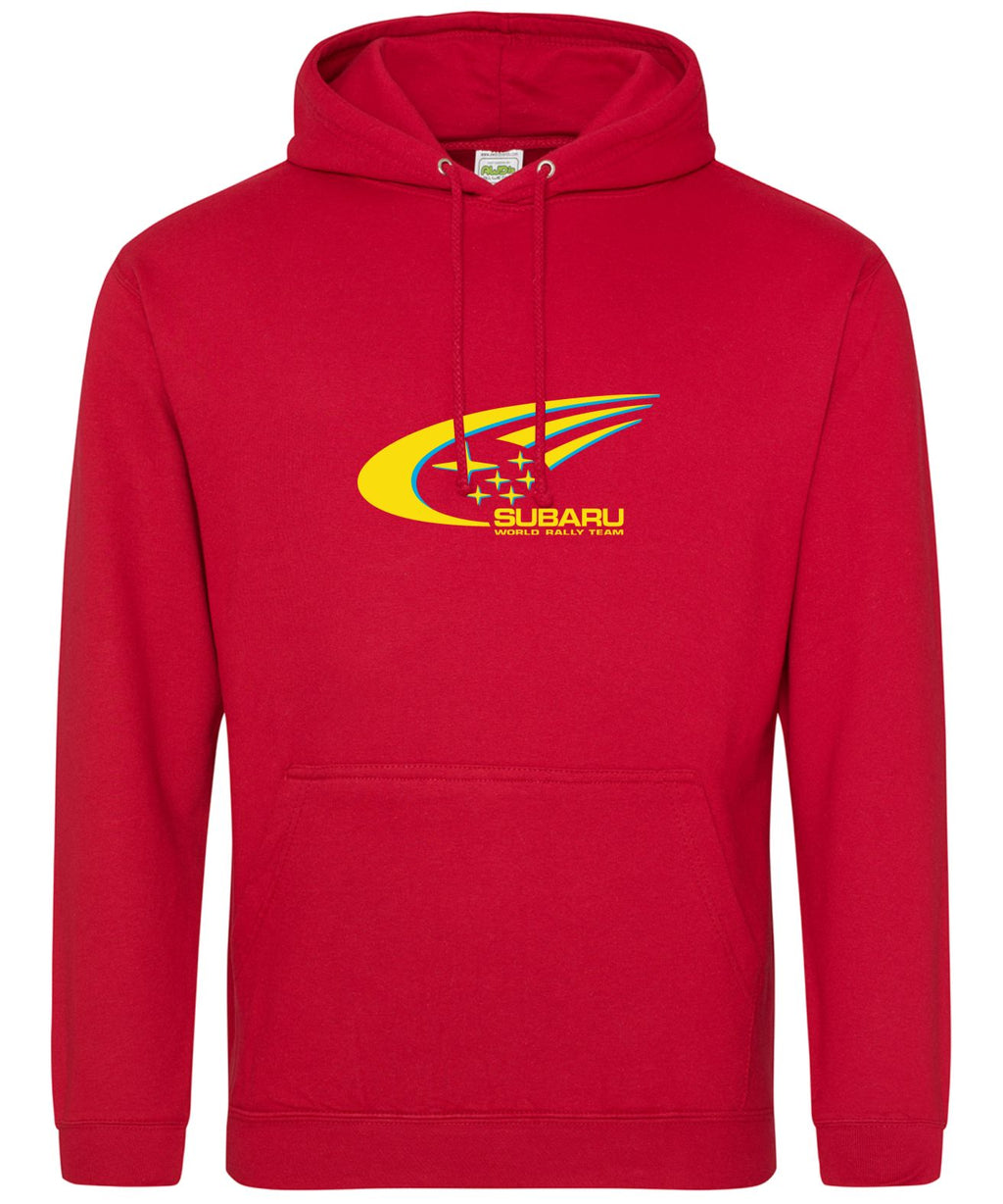 A red pullover hoodie featuring a yellow, red, and blue Subaru logo printed on the center chest, displayed on a clean white background.