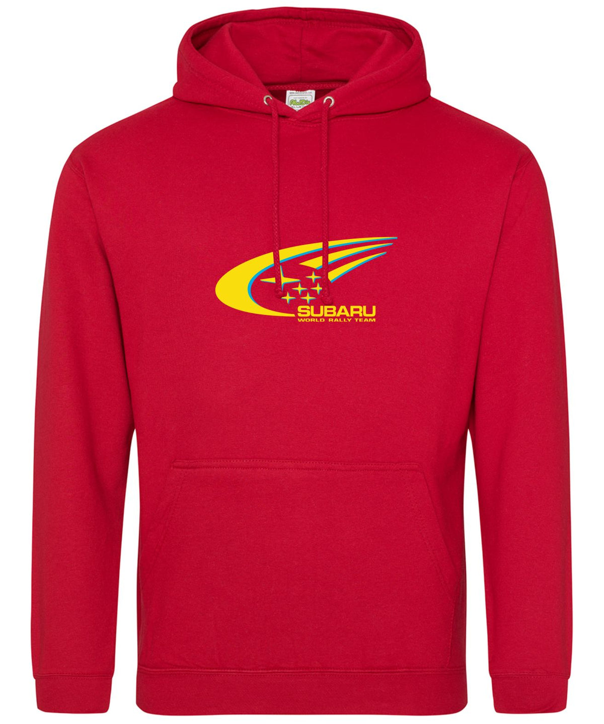 A red pullover hoodie featuring a yellow, red, and blue Subaru logo printed on the center chest, displayed on a clean white background.