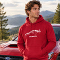 A red pullover hoodie featuring a white line-art graphic of a Subaru car and the word 'SUBARU' printed on the chest, displayed against a solid white background.