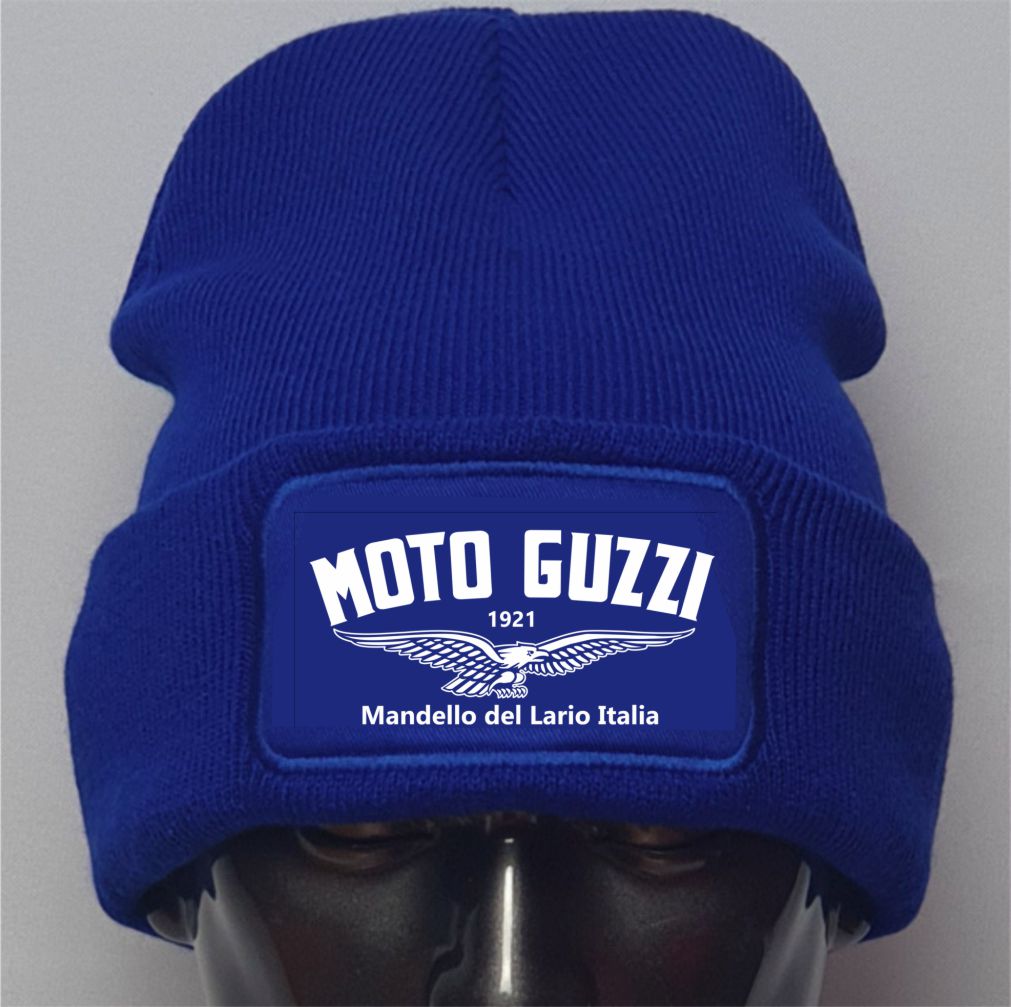 Blue beanie with Moto Guzzi logo on a gray background