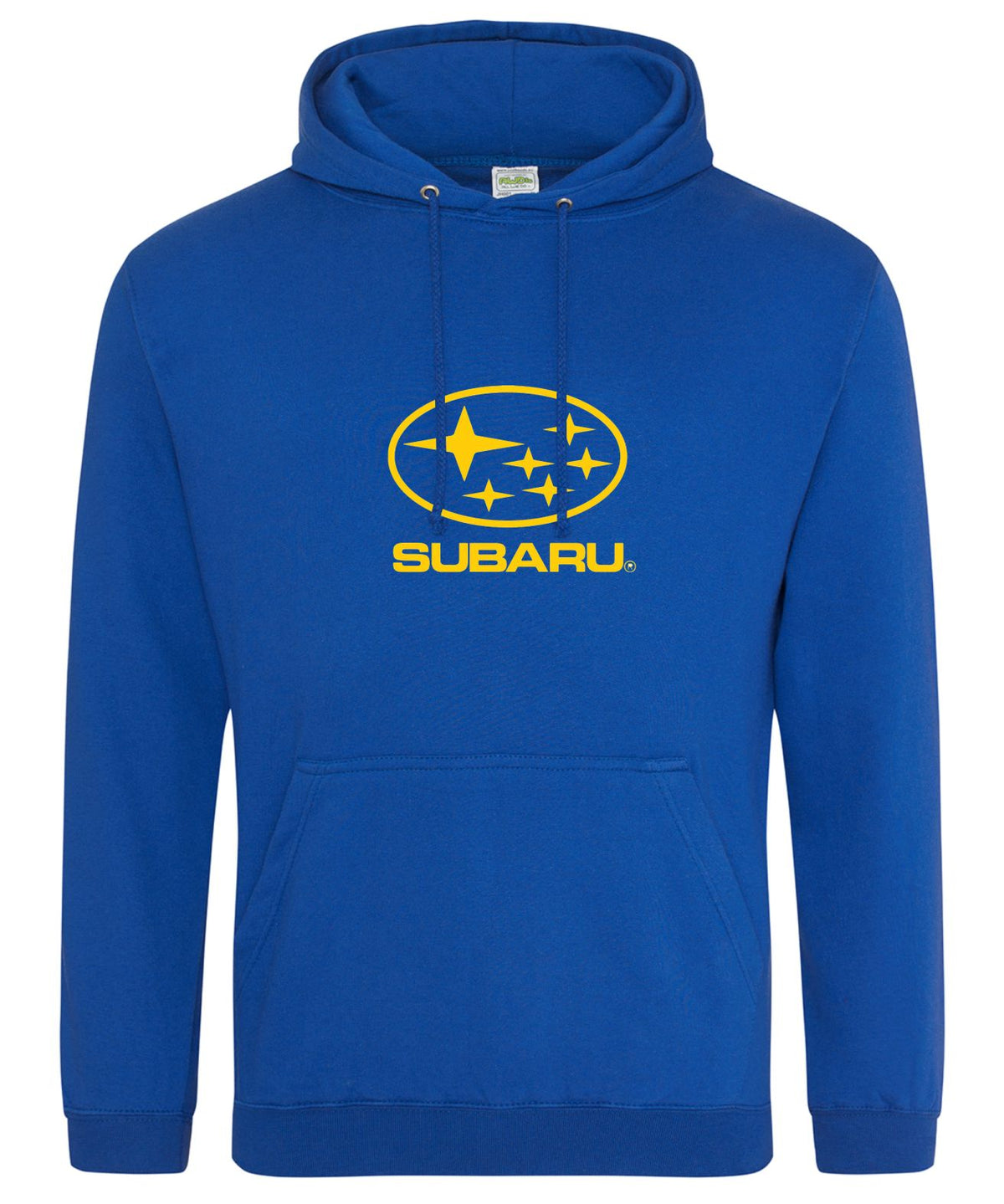 A royal blue pullover hoodie featuring the yellow Subaru logo and brand name printed on the chest, displayed against a solid white background.