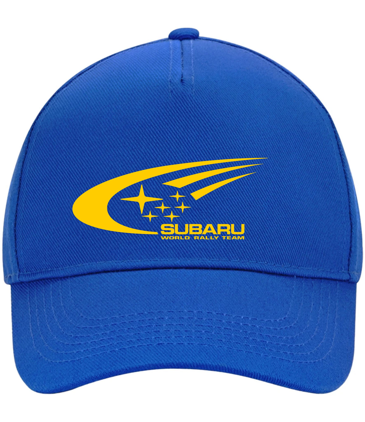 A royal blue baseball cap featuring the yellow and blue Subaru World Rally Team logo pprinted on the front, set against a plain white background.