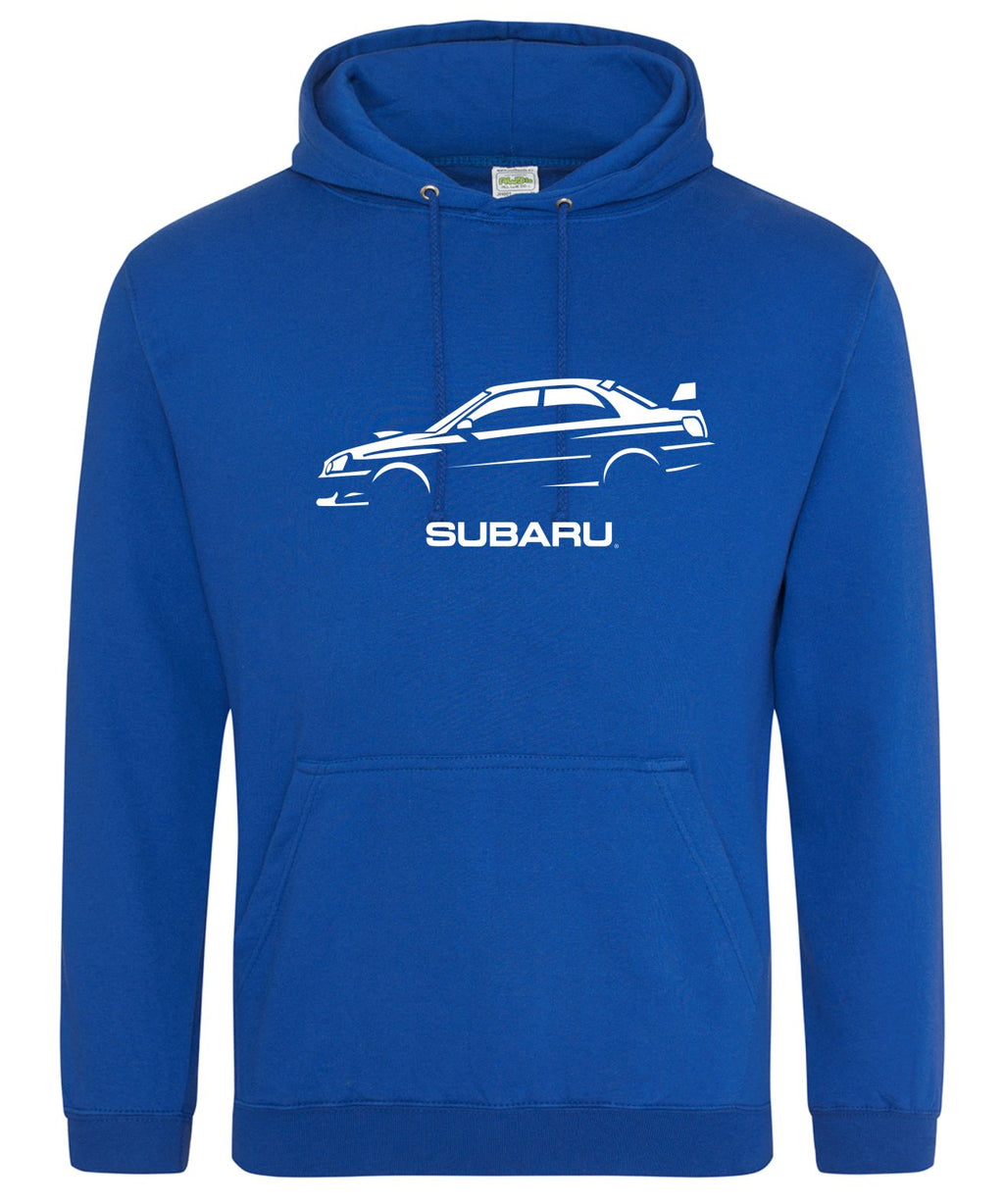 A royal blue pullover hoodie featuring a white line-art graphic of a Subaru car and the word 'SUBARU' printed on the chest, displayed against a solid white background.