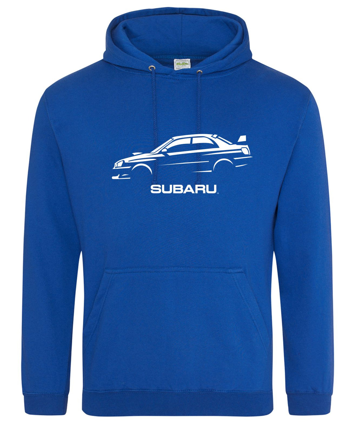 A royal blue pullover hoodie featuring a white line-art graphic of a Subaru car and the word 'SUBARU' printed on the chest, displayed against a solid white background.