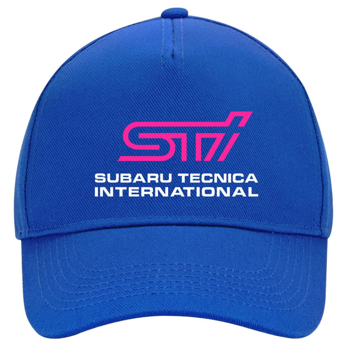 A royal blue baseball cap featuring a pink and white printed Subaru Tecnica International logo on the front, set against a plain white background.