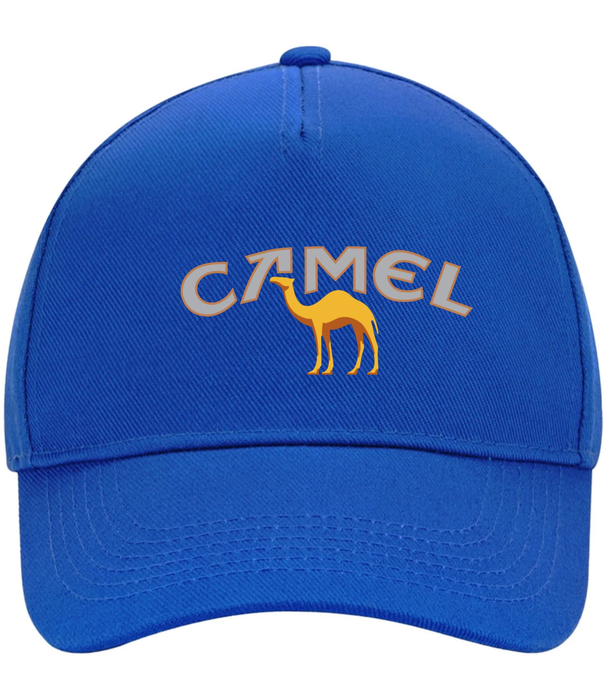 A royal blue baseball cap featuring the word 'CAMEL' embroidered in white with a yellow camel silhouette running through the center, shown against a plain white background.