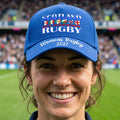 A royal blue baseball cap featuring printed text and flags on the front reading 'SCOTLAND WOMEN'S RUGBY' and 'Womens Rugby 2027' on the brim, shown against a plain white background.