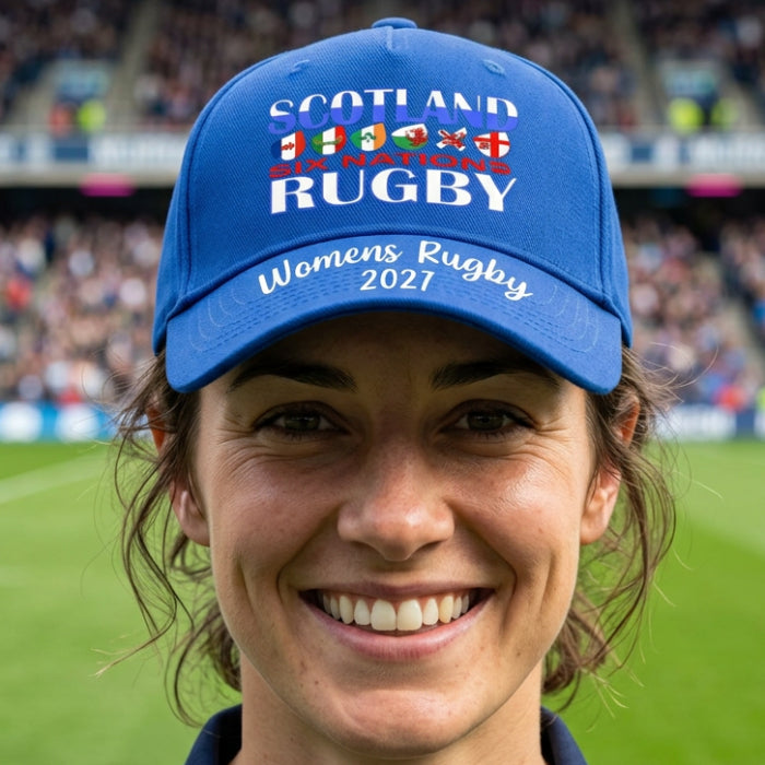 A royal blue baseball cap featuring printed text and flags on the front reading 'SCOTLAND WOMEN'S RUGBY' and 'Womens Rugby 2027' on the brim, shown against a plain white background.