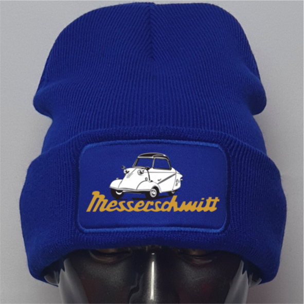 Blue beanie with a patch featuring a car and 'Messerschmitt' text on a gray background