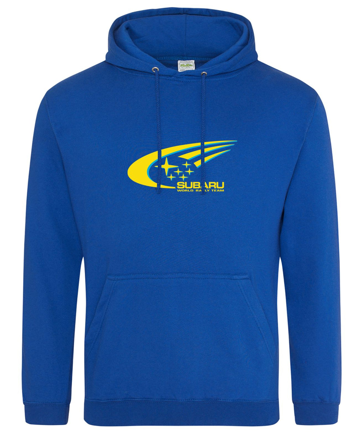 A royal blue pullover hoodie with a yellow and blue Subaru logo printed on the center chest, displayed against a solid white background.