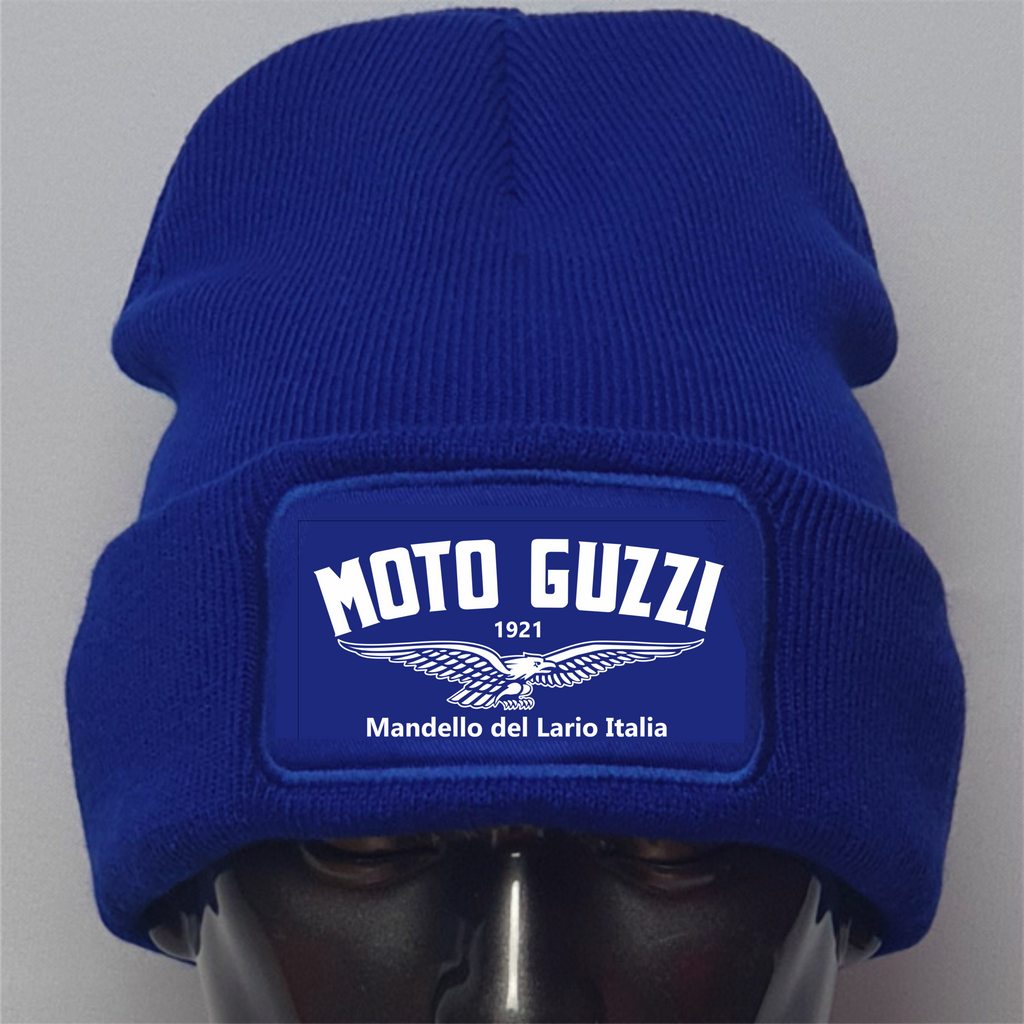 Blue beanie with Moto Guzzi logo on a gray background