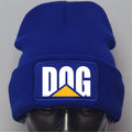 Blue beanie with a 'DOG' logo on a gray background