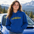 A royal blue pullover hoodie with 'SUBARU IMPREZA' printed in yellow across the chest, shown on a plain white background.