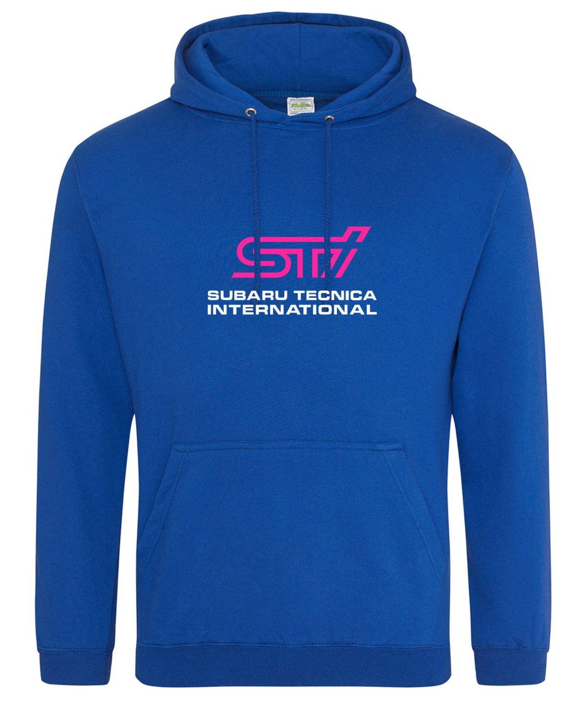 A royal blue pullover hoodie featuring a pink and white SUBARU TECNICA INTERNATIONAL  text printed on the chest, displayed on a clean white background.
